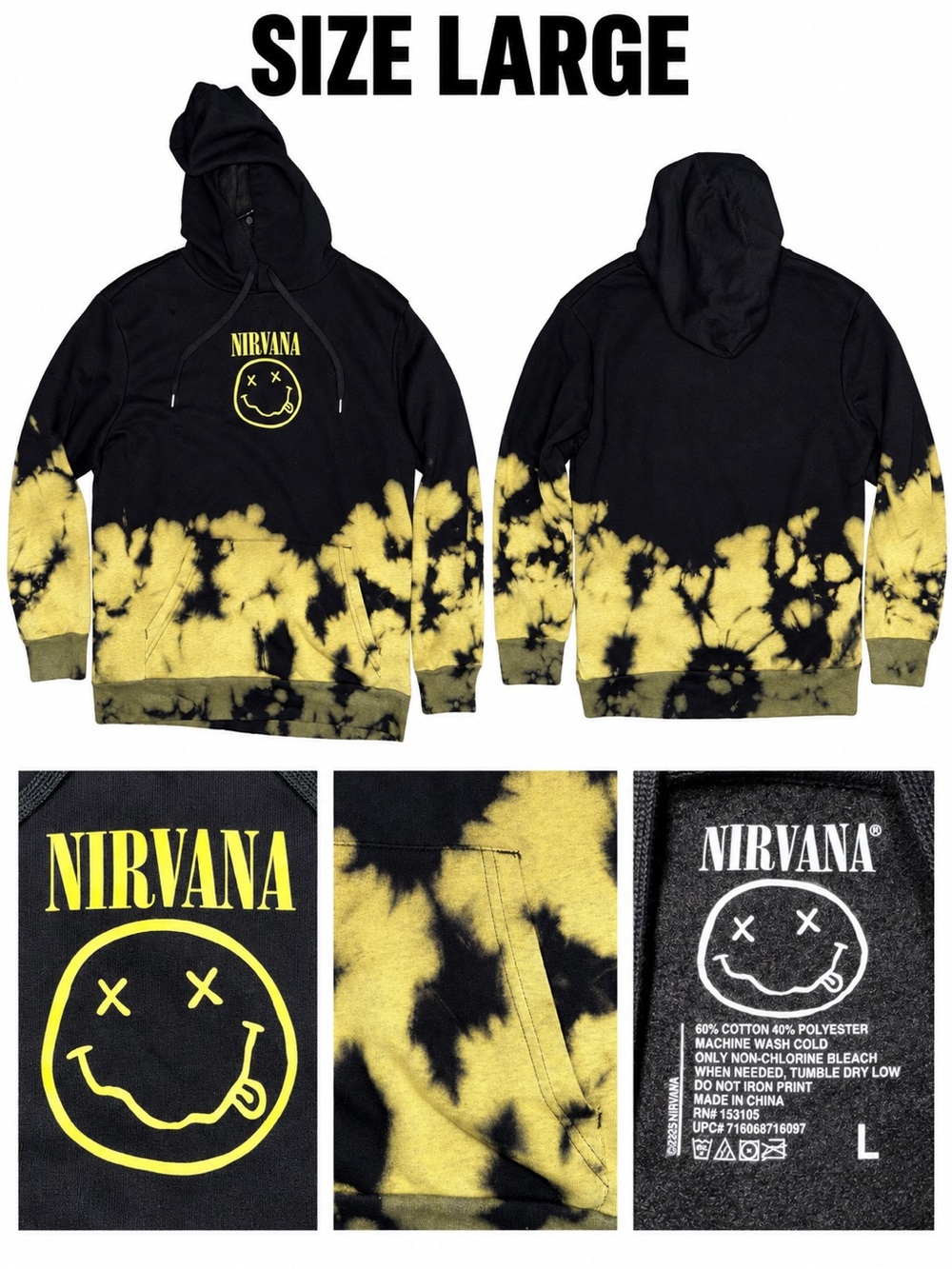 NIRVANA Black & Yellow Tie-Dye Pullover Hoodie - Men's